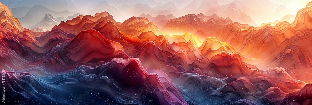 An abstract 3D landscape with smooth, rolling hills in a gradient of sunrise colors