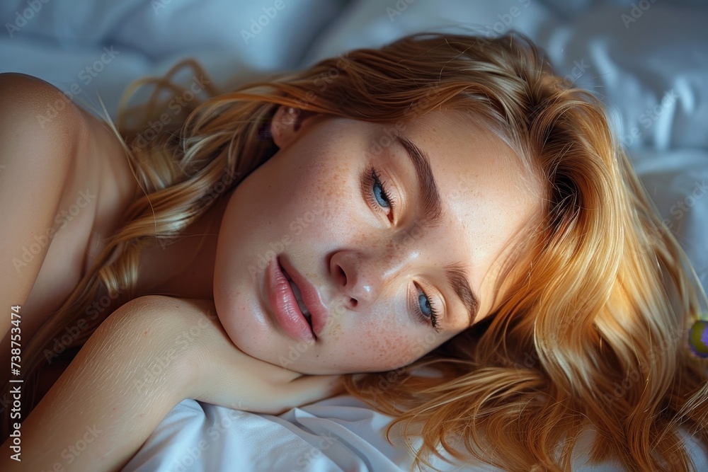 A captivating portrait of a smiling lady with long, layered brown hair lying on a bed, her head resting on her hand and showcasing her flawless skin and striking features for a photo shoot A captivating portrait of a smiling lady with long, layered brown hair lying on a bed, her head resting on her hand and showcasing her flawless skin and striking features for a photo shoot