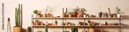 Two wooden shelves with a variety of cacti and other plants in pots.