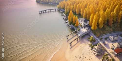 Luxurious background of quiet autumn nature. View of a clear river, autumn forest. Horizontal video of a modern luxury resort. Top view of the mountains in autumn. photo