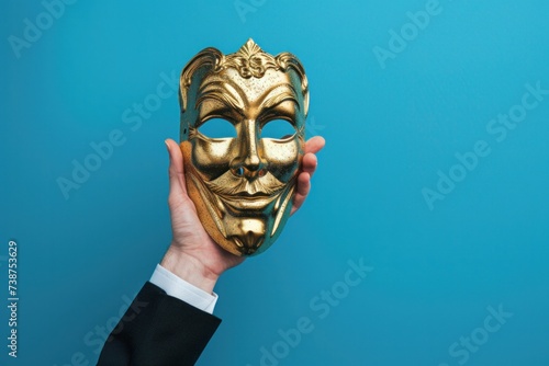 Businessman holding an opera mask The concept of a liar, dishonest person, with copy space on a blue background.