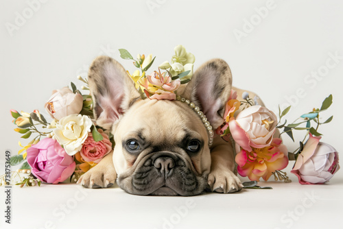 A charming French Bulldog puppy lies amongst a bed of pastel flowers, pearls adorning its neck, against a pristine white backdrop, exuding elegance and cuteness.