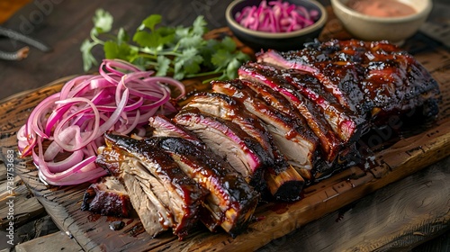 Mexican cochinita pibil slow-roasted pork marinated in achiote paste, served with tortillas and pickled onions photo