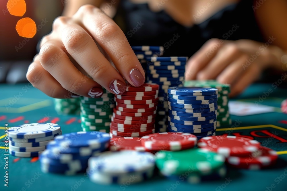 Skillful fingers deftly arrange a colorful tower of chips on a sleek poker table, evoking the thrill of a high-stakes game in a luxurious casino setting Skillful fingers deftly arrange a colorful tower of chips on a sleek poker table, evoking the thrill of a high-stakes game in a luxurious casino setting