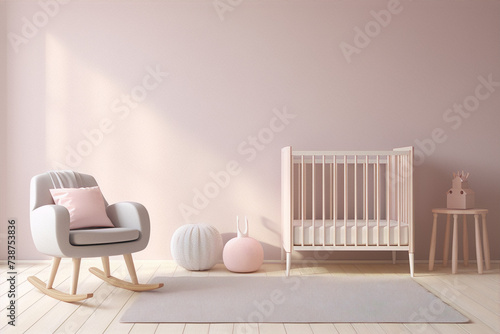 Minimalistic pink nursery with crib, rocking chair and accessories photo