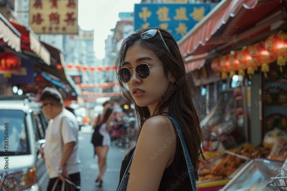 Woman in Sunglasses at Chinatown Food Stand. Generative AI