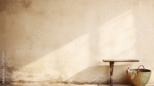 Minimalist still life of a wooden bench and a straw basket on a beige background