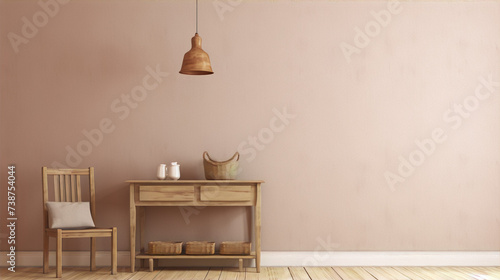 Wooden table with wicker baskets and a chair in front of a pink wall photo