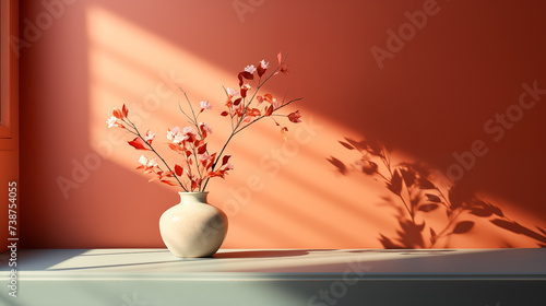 plant or flower minimalist concept with peach fuzz color wall background