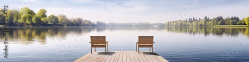 Two wooden chairs on a dock overlooking a calm lake surrounded by trees under a blue sky.