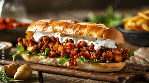 Mexican pambazo sandwich with chorizo, potatoes, lettuce, salsa, and crema on a soft bread roll photo