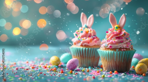 decorated cupcakes with pink icing, colorful sprinkles, and bunny ear decorations. Easter cupcakes  photo
