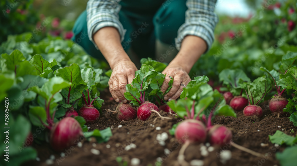 Garden scene with beets being harvested, hands pulling beets from soil - obrazy, fototapety, plakaty 