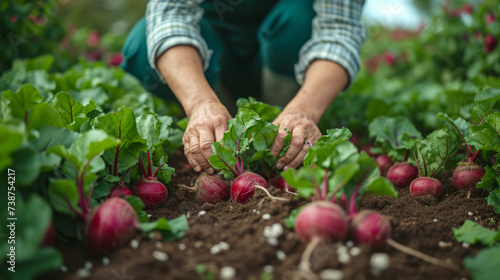 Garden scene with beets being harvested, hands pulling beets from soil