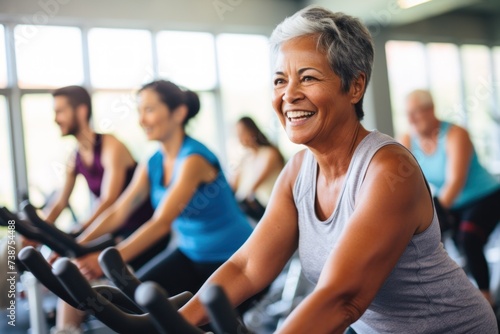 Group of Asian women during cycling exercise Exercise classes on exercise bikes Exercise for all ages Have good health at every age. © ORG