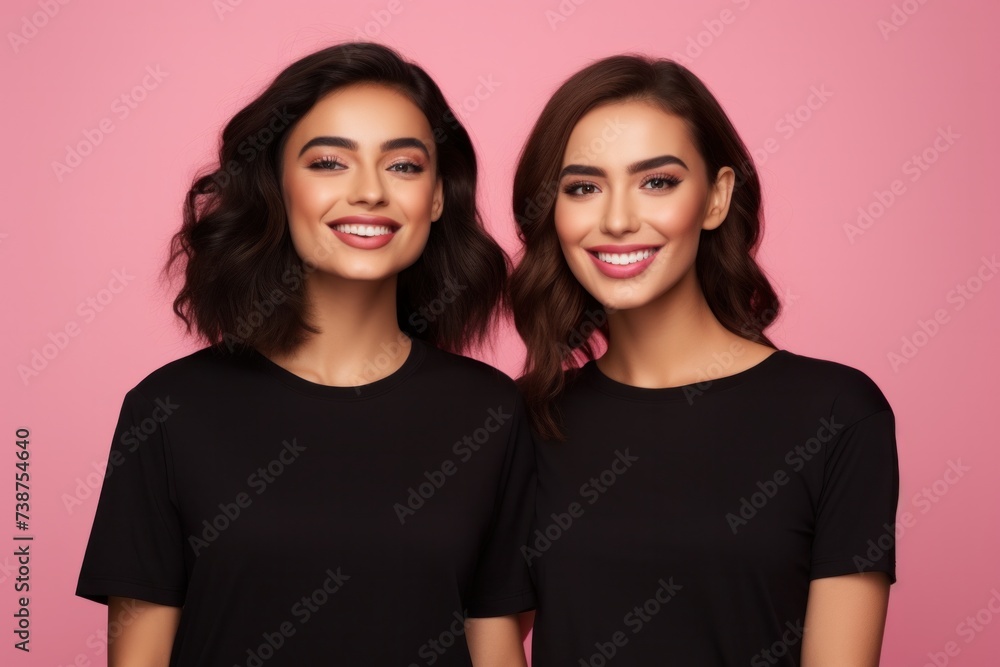 Beautiful woman with happy female friend applying lipstick undergoing beauty routine standing side by side wearing black t-shirt, isolated on pink background. Beautiful woman with happy female friend applying lipstick undergoing beauty routine standing side by side wearing black t-shirt, isolated on pink background.