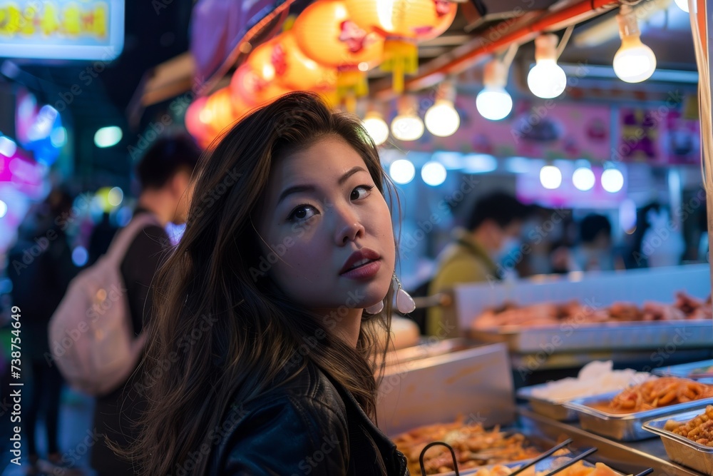 Woman Standing in Front of Food Display. Generative AI Woman Standing in Front of Food Display. Generative AI
