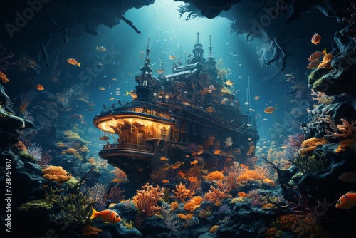 a boat is floating on top of a coral reef in the ocean surrounded by fish