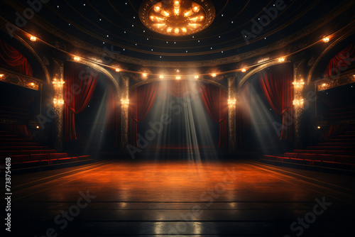 Theater stage light background with spotlight illuminated the stage for opera performance. Empty stage with classic and timeless backdrop decoration. Stage curtain. Entertainment show.
