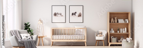 Minimalist nursery with crib, two framed equine prints, gray armchair, and wooden bookshelf with toys and books.