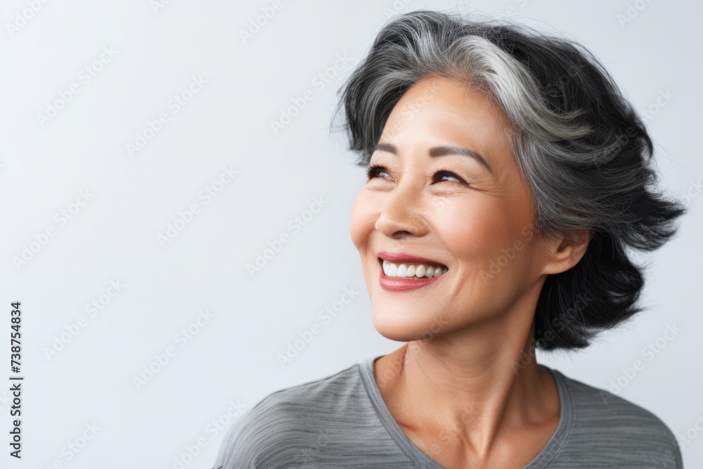 Happy middle-aged Asian woman Looking at camera and touching her face, isolated on white, closeup portrait. Happy middle-aged Asian woman Looking at camera and touching her face, isolated on white, closeup portrait.
