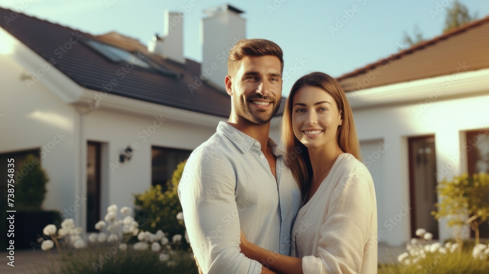 Happy young couple standing in front of the house Real estate concept With photocopy area