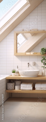 Bright and airy bathroom with whitewashed brick walls and wooden accents