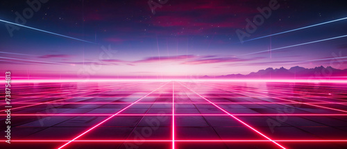 Retro Neon Dreams: A Synthwave Journey Back to the 80s, Illuminated by the Glow of Purple Lasers and Futuristic Grids