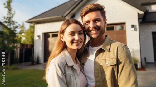 Happy young couple standing in front of the house Real estate concept With photocopy area