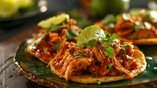 Mexican tinga de pollo shredded chicken in chipotle tomato sauce, served in tacos or tostadas photo