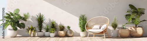 White concrete wall with a large round wicker chair and many plants in pots on a wooden floor.