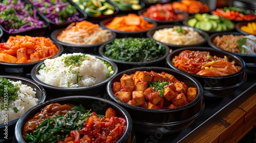 A street vendor dishing out hearty servings of vegan bibimbap, featuring a colorful medley of rice photo