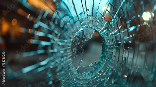 Gunshots at the murder scene Broken glass from bullet holes photo