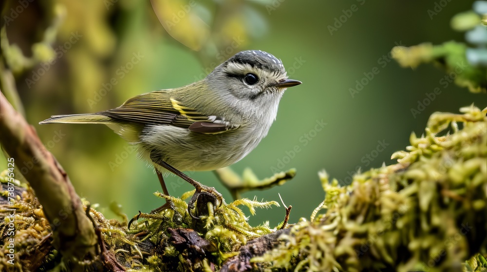 Close-Up of a Graceful Ruby-Crowned Kinglet Perched on a Moss-Covered Branch Amidst Lush Greenery Close-Up of a Graceful Ruby-Crowned Kinglet Perched on a Moss-Covered Branch Amidst Lush Greenery