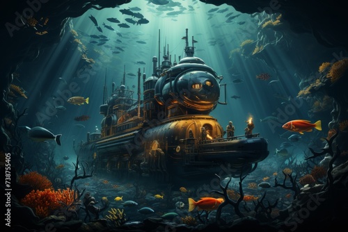 A submarine floats in the water surrounded by fish in a fictional world © yuchen