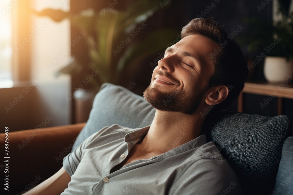 Young man relaxing on the sofa at home in the living room. Relaxing, smiling happily, relaxing, taking care of himself, enjoying life concept. Young man relaxing on the sofa at home in the living room. Relaxing, smiling happily, relaxing, taking care of himself, enjoying life concept.