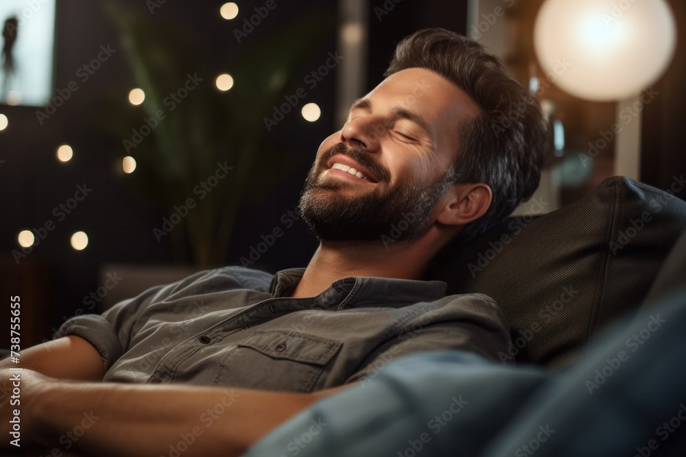 Young man relaxing on the sofa at home in the living room. Relaxing, smiling happily, relaxing, taking care of himself, enjoying life concept.