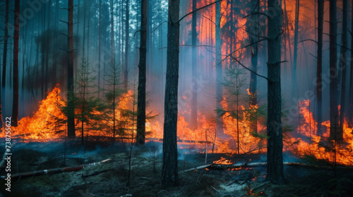 Fire in the forest at night. Burning trees. natural disaster. Fire and smoke in nature