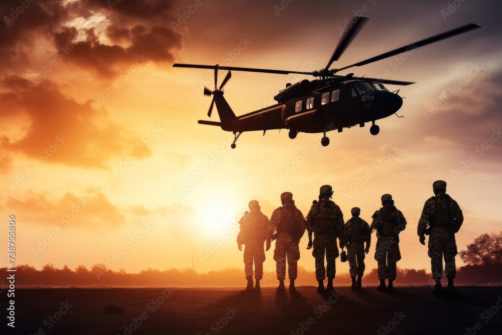 Helicopter and a number of soldiers on the background of sunset Helicopter and a number of soldiers on the background of sunset