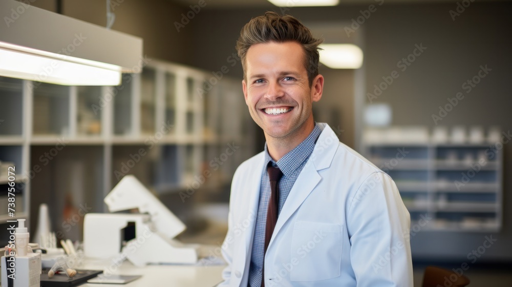 Happy pharmacist standing smiling in pharmacy Happy pharmacist standing smiling in pharmacy