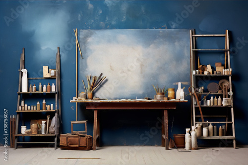 Blue themed artist studio with a blank canvas, brushes, paints, and other supplies