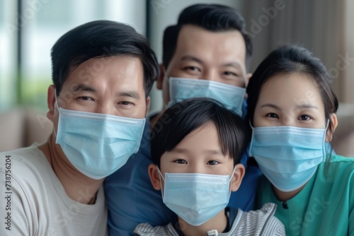 Healthy Asian family wearing surgical masks, quarantining together at home.