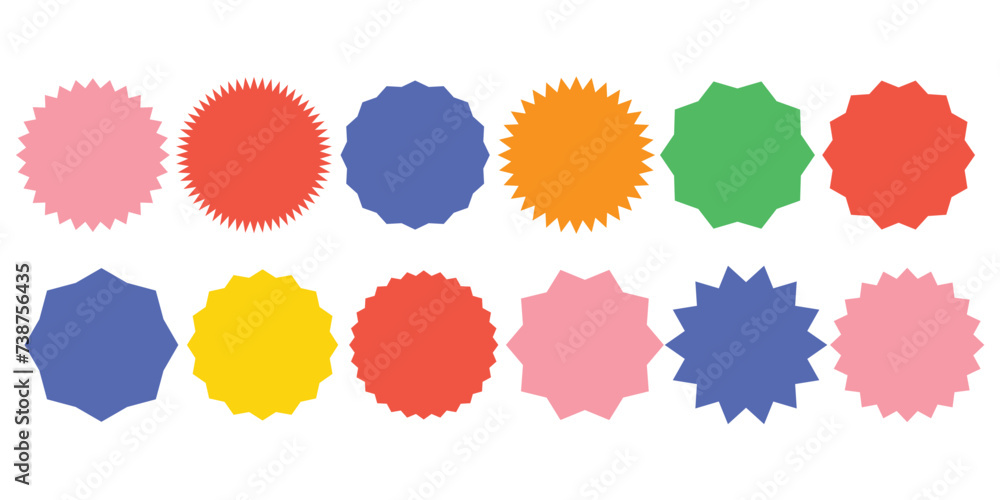 Set of vector starburst, sunburst badges. Ten different color. Simple flat style Vintage labels. Design elements. Colored stickers. A collection of different types and colors icon. eps 10