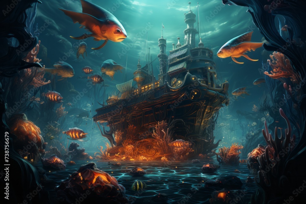 a pirate ship is surrounded by fish and pumpkins in the ocean - obrazy, fototapety, plakaty 