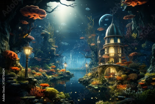 there is a castle in the middle of a coral reef surrounded by mushrooms