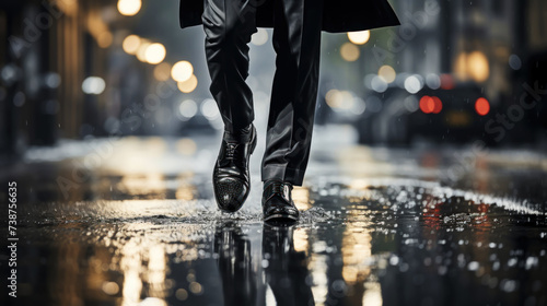Street photo of the feet of a businessman walking down the road. Perfect dynamic action composition. Generative AI #738756635