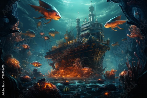 a pirate ship is surrounded by fish and pumpkins in the ocean