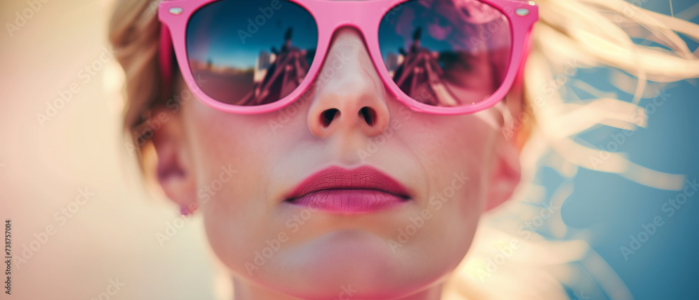 Up-close Woman Portrait with Vibrant Pink Sunglasses Reflecting Summer Vibes and Blue Skies Up-close Woman Portrait with Vibrant Pink Sunglasses Reflecting Summer Vibes and Blue Skies