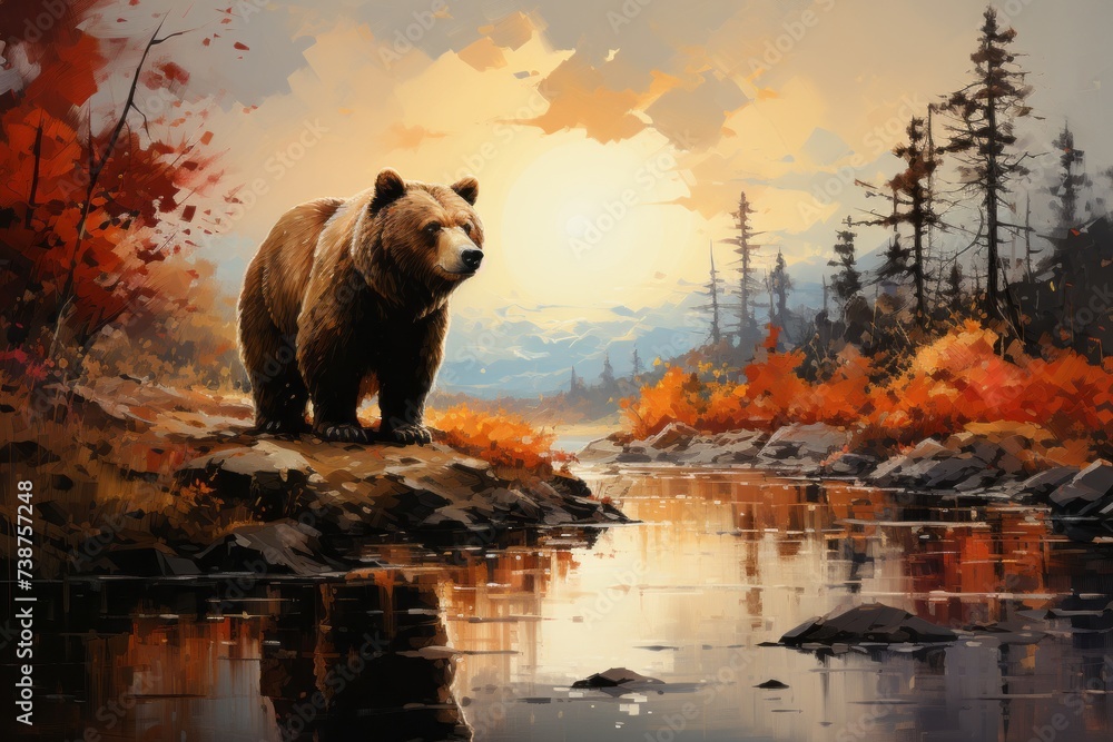 A carnivore bear stands on a rock near water in a natural landscape painting - obrazy, fototapety, plakaty 