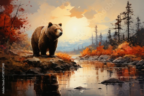 A carnivore bear stands on a rock near water in a natural landscape painting